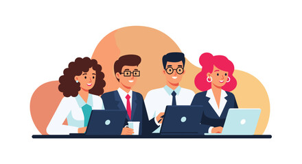 Diverse team of smiling business professionals working together on laptops in a collaborative office environment. Ideal for corporate, technology, and teamwork concepts.