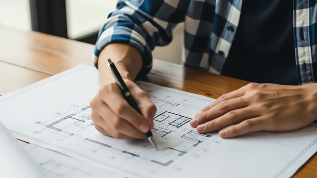 Hands Drawing Architectural Blueprint on Rustic Wooden Table
