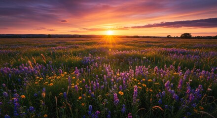 Coucher soleil flamboyant illumine prairie fleurie douces teintes pastel. AI Generated