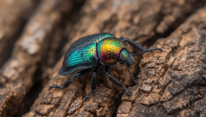 Naklejka premium Iridescent Beetle CloseUp on Wood, Showing Off its Stunning Colors and Details.