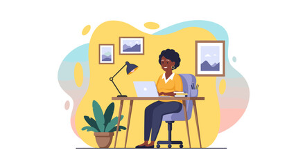 Smiling Black woman working remotely on her laptop at a comfortable home office desk. Ideal for concepts of productivity, online education, or freelance lifestyle.