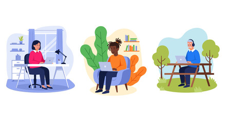 Diverse individuals working remotely from home, a relaxed indoor setting, and outdoors, highlighting modern work flexibility and productivity.