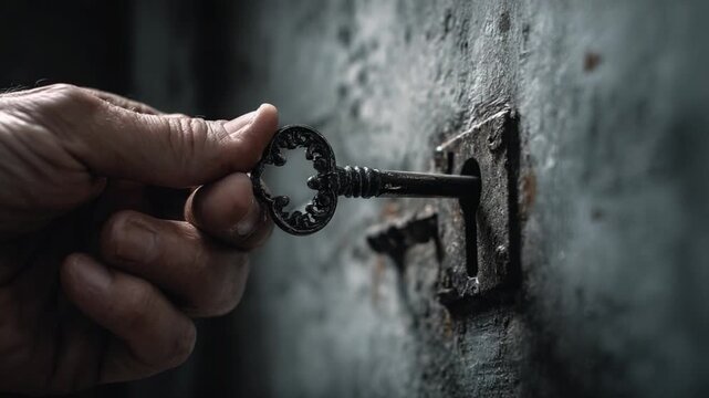 Key to unlock the Secret: A close-up captures a hand delicately inserting an antique key into a weathered lock, symbolizing discovery, mystery and security.