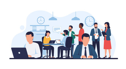 Diverse business team collaborating in a modern office, working on projects and discussing strategies. Ideal for concepts of teamwork, productivity, and professional success.