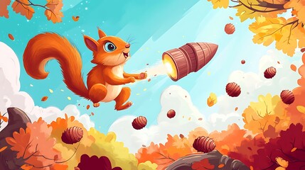Squirrel launching rocket autumn foliage