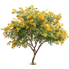 Fototapeta premium Acacia tree with yellow flowers and finely divided green leaves isolated on transparent background