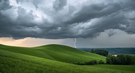 Lightning Over Green Hills. Dramatic Sky and Electrical Storm in Countryside.