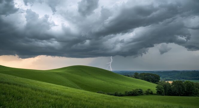 Lightning Over Green Hills. Dramatic Sky and Electrical Storm in Countryside.
