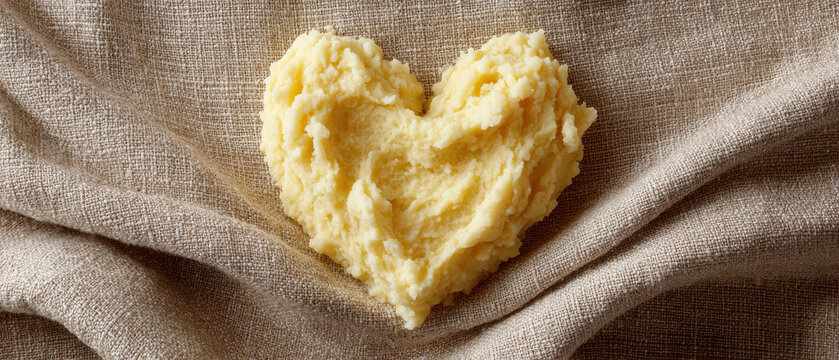 Mashed potatoes shaped into heart on fabric surface