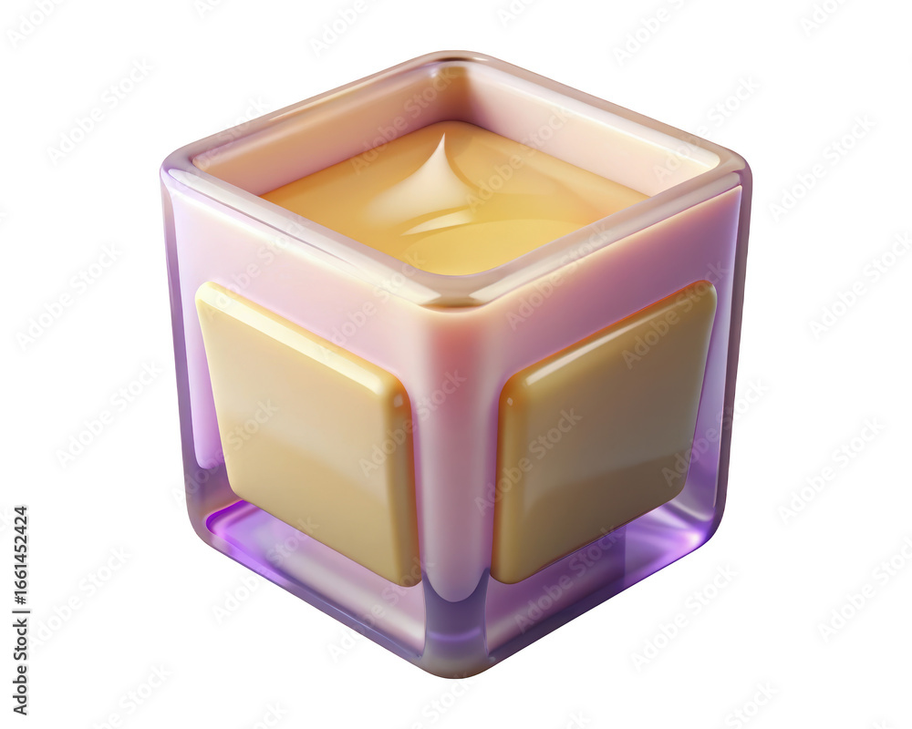 Poster abstract cube containing creamy liquid in glass container with unique design elements 3d illustratio