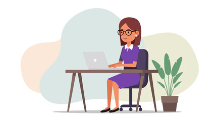 Professional woman in glasses works focused on her laptop at a desk. Represents remote work, business productivity, and digital lifestyle.