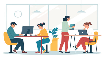 Diverse professionals collaborating and working productively in a modern, bright office environment. Ideal for business, teamwork, and contemporary workspace concepts.