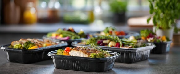 The delicious assortment of healthy meal prep containers filled with fresh ingredients.