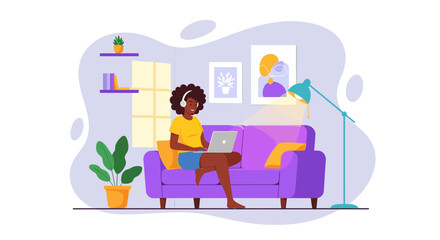 Young woman with headphones uses a laptop on a cozy sofa at home, depicting remote work, online learning, or digital lifestyle in a modern living room.