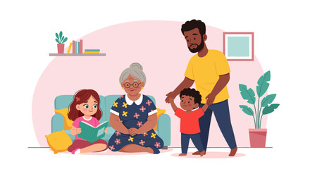 Happy multi-generational family sharing joyful moments at home. Grandmother and girl reading, father guiding toddler. Represents family love, learning, and support.