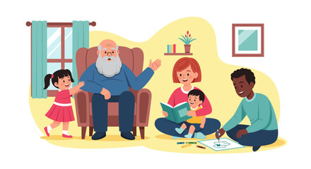 Happy multi-generational family enjoying quality time at home. Grandfather tells stories, mother reads to child, and father draws, illustrating love, learning, and bonding.