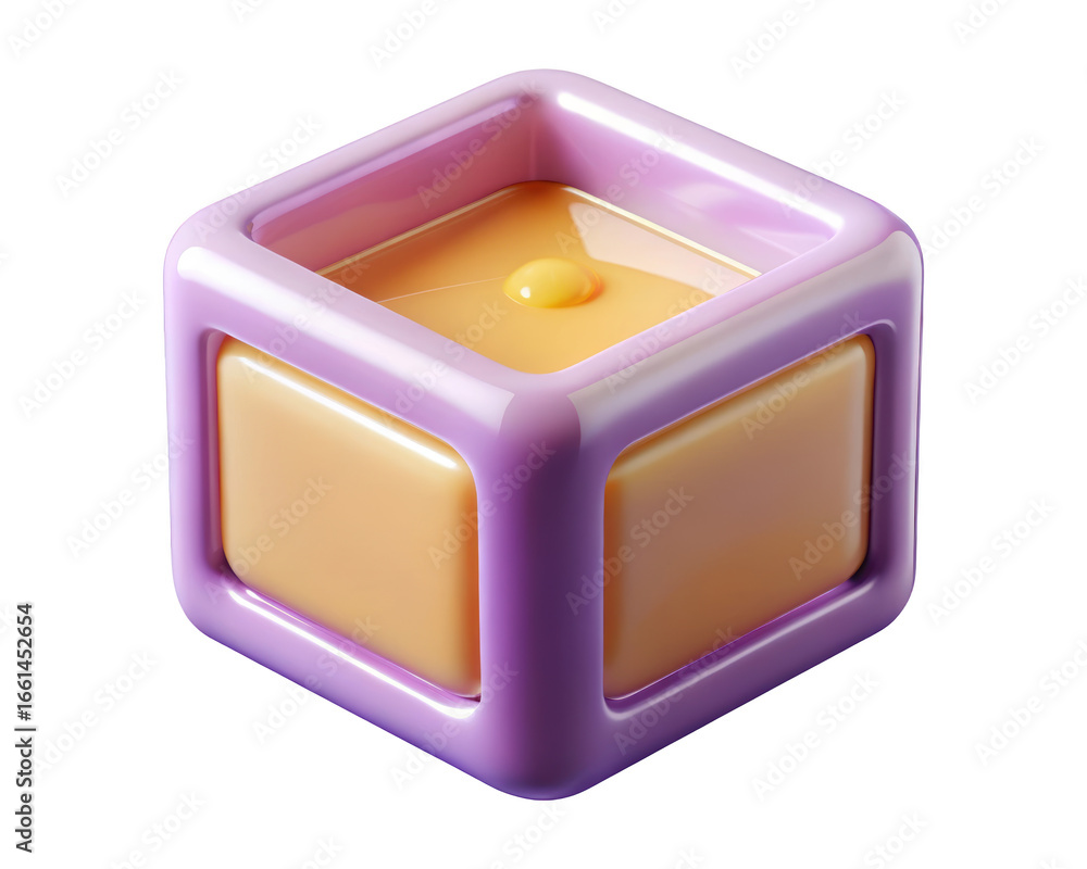 Poster abstract lilac cube with golden liquid and drop simple geometric shape3d illustration isolated on tr