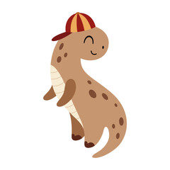 Cute brown dinosaur clipart in cap. Cartoon dino character. Vector illustration