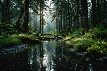 Obraz premium and keywords based on the image you providedStream Flows Through Forest, Sunlight Breaks Through Trees in Wilderness