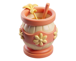 Adorable cartoon drink with straws in decorative pot charming light peach and yellow palette 3d illustration isolated on transparent background