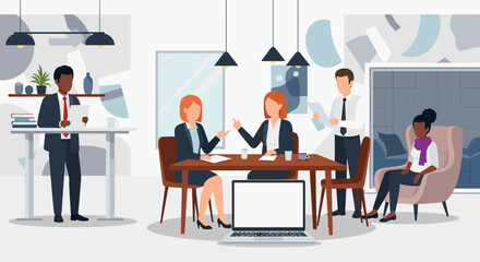 Diverse business team collaborating in a modern office meeting. Professionals discuss strategy, fostering teamwork and productivity in an inclusive corporate environment.