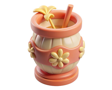 Adorable cartoon drink with straws in decorative pot charming light peach and yellow palette 3d illustration isolated on transparent background