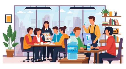 Business professionals collaborate in a modern office meeting, discussing data. Emphasizes teamwork, productivity, and the importance of hydration for a healthy workplace.
