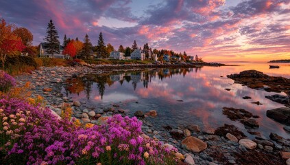 Naklejka premium Coastal village bathed in sunset colors, reflected in calm water. Autumn foliage & flowers in bloom