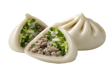 Delicious steamed buns filled with meat and vegetables on a transparent background