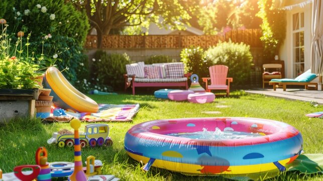 "Sunny Splash: Vibrant Kids Pool in Summer Garden"