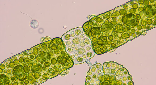 Green algae cells under microscope showing detailed structure and vibrant colors