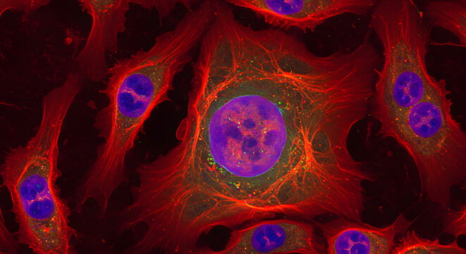 Fluorescent microscopy image of cells showing vibrant blue nuclei and red cytoskeleton with