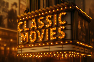 A retro-style neon sign for "Classic Movies," radiating a warm light and inviting nostalgia for movie lovers and the golden age of cinema.