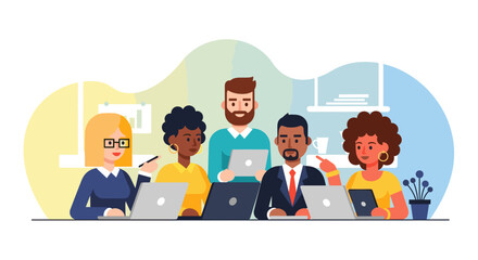 Diverse business team collaborating and working on laptops, showcasing teamwork, innovation, and communication in a modern office.