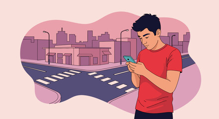 Young man engrossed in his smartphone on a city street, depicting modern urban life, digital communication, and mobile technology usage.