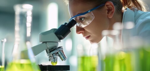 The scientist examining samples under the microscope in a modern laboratory setting.