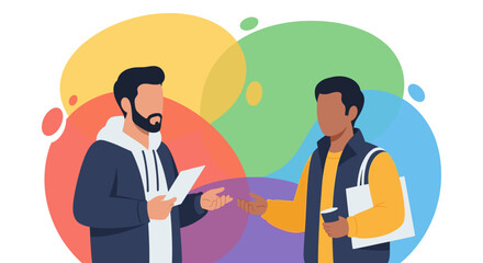 Two men in a contemporary setting are engaged in a discussion, exchanging documents and ideas. Ideal for themes of communication and teamwork.