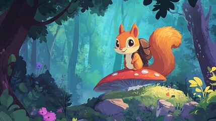 Squirrel on mushroom in forest