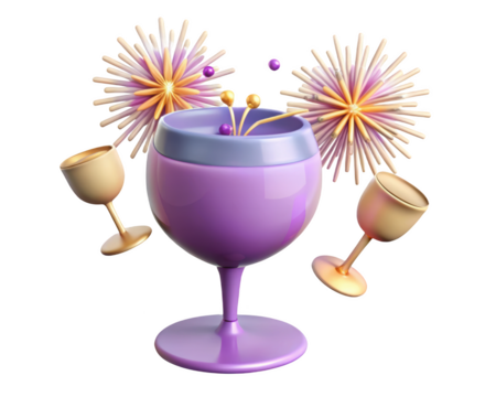 Celebration with abstract wine glasses and fireworks rendered in stylized 3d illustration 3d illustration isolated on transparent background