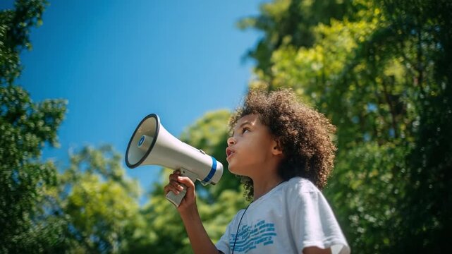 Young Advocate with Megaphone: A child confidently uses a megaphone outdoors, symbolizing empowerment and a voice for the future.