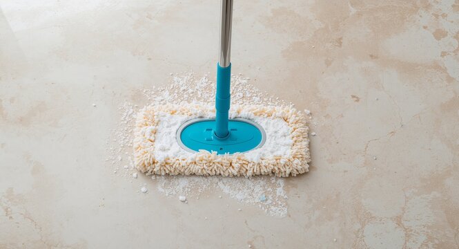 Microfiber Mop Cleaning Spilled Powder on Marble Floor, Home Cleaning Service.