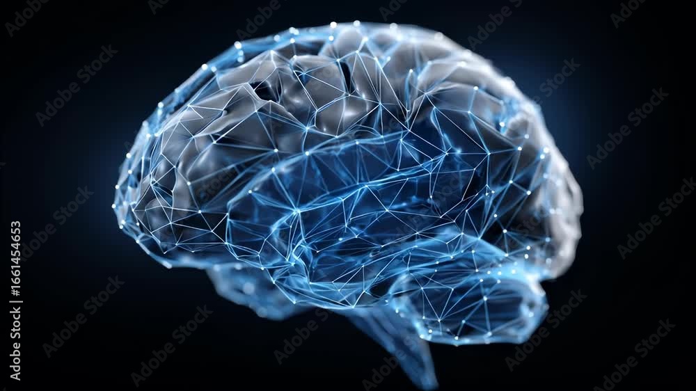 Poster polygonal brain glowing on dark background, symbolizing artificial intelligence, deep and learning n