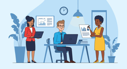 Diverse business team collaborating in a modern office. Professionals working together, reviewing data, and using technology for productivity and successful project management.