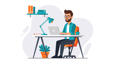 Professional man with glasses and beard working on a laptop at a home office desk, symbolizing productivity, remote work, and freelance careers.