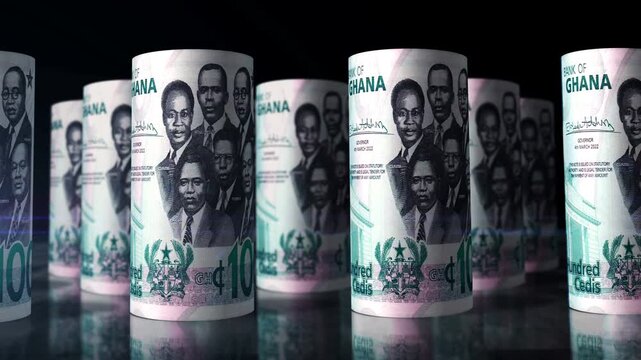 Ghana Cedi Ghanaian money rolls loop 3d. Camera moving in front of 100 GHC rolling banknotes. Seamless loopable concept of economy, finance, business and debt.