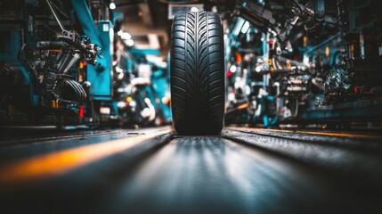 Medium shot showcasing a futuristic automated tire sorting machine with main tire sharply detailed and surrounding machinery aesthetically out of focus.