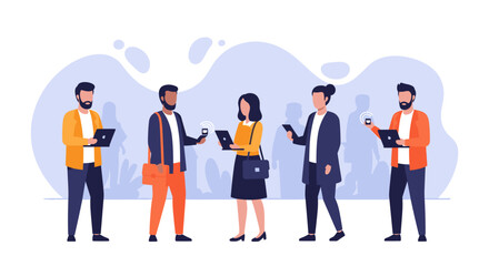 Diverse business people using laptops and smartphones with wireless connectivity, representing modern communication, networking, and digital collaboration.