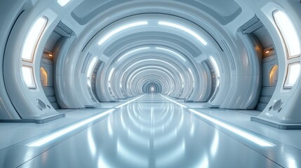 Obraz premium Futuristic spaceship corridor with glowing lights and sleek design