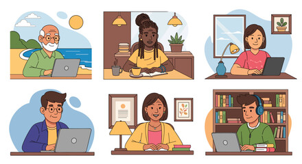Diverse people actively work, learn, and connect remotely on laptops from various comfortable settings, reflecting modern flexible lifestyles and productivity.