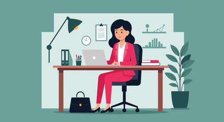 Professional businesswoman working diligently on her laptop at a well-organized office desk. Represents productivity, remote work, and modern business lifestyle.